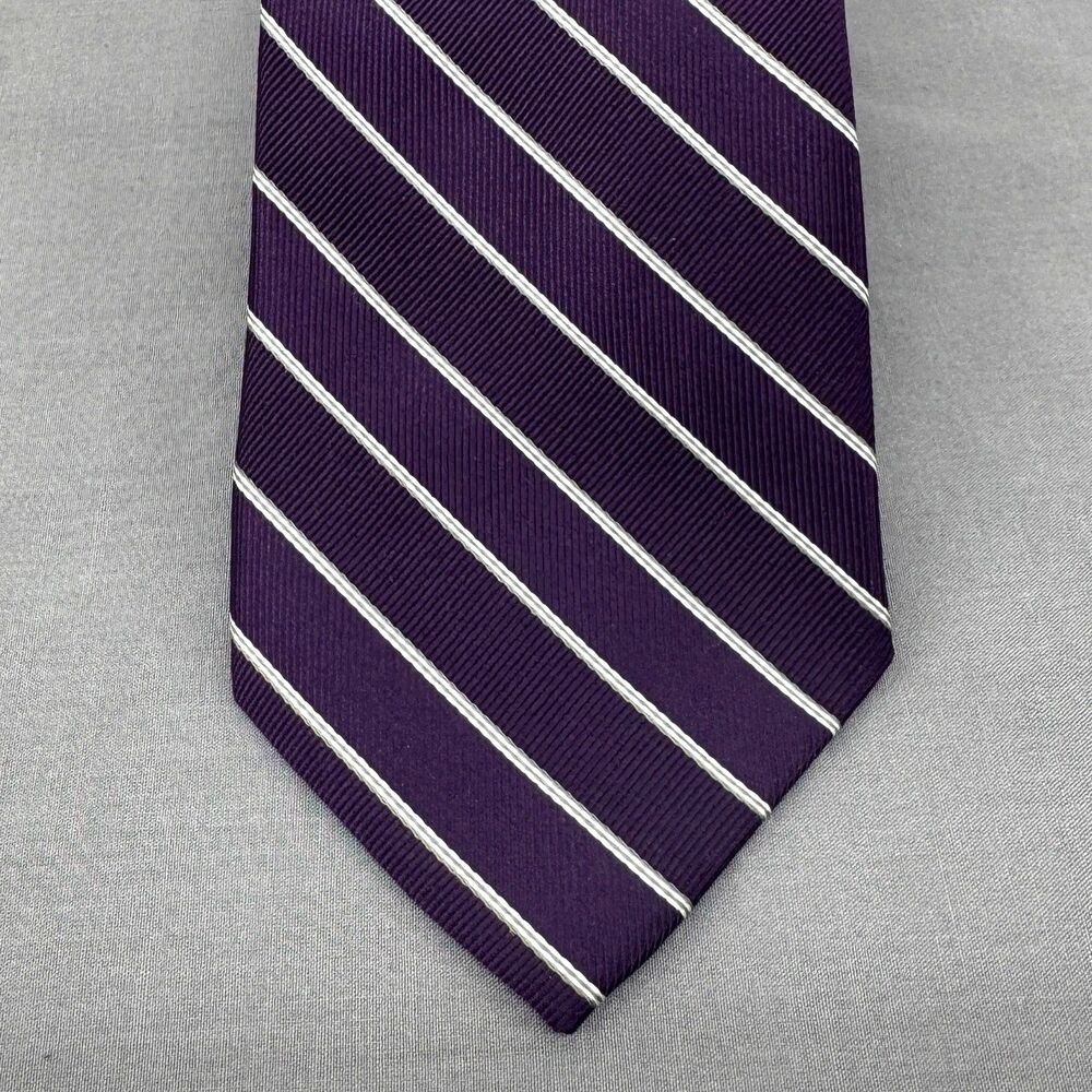 Jos. A. Bank Repp Necktie Purple White Stripe Tie 100% Silk 60" X 3.5" Preppy